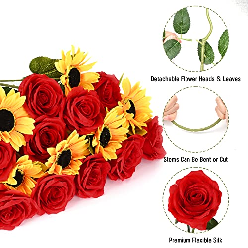 Waipfaru 16 Pcs Fake Roses Sunflowers Artificial Flowers Bulk, Silk Red Roses Yellow Flowers Artificial with Long Stems for Outdoors Wedding Bouquet Vase Flower Arrangement Decoration - color: C-red Rose & Sunflower, size: 16 Pcs