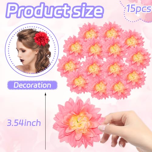 Pink Dahlias Artificial Flowers Bulk, 3.5 Inch Big Fake Dahlias Flowers Heads, 15 Pcs Artificial Silk Faux Flowers Heads for Floral Arrangements, Clothing Accessories, DIY Craft - color: Pink