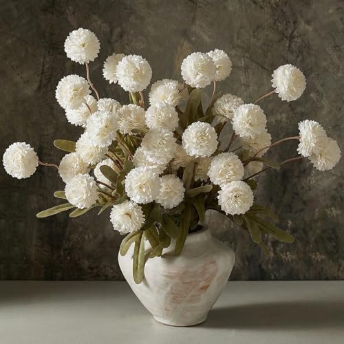 9pcs White Fake Flowers Silk Mini Mums with Stems, Faux Chrysanthemum Pompon Balls Artificial Flower Bulk for DIY Wedding Centerpieces, Vase Fillers, Table Floral Arrangements & Home Decor - color: White