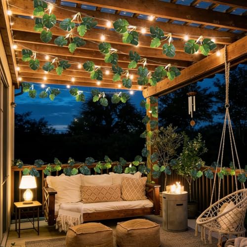 RECUTMS Monstera Leaves String Lights 1P 20LEDs Artificial Tropical Palm Leaf Battery Operated Hanging Rattan Light Faux Greenery Vines for Hawaiian Party Luau Jungle Beach Summer Indoor Outdoor Decor - color: Monstera Leaves Lights Green 1p