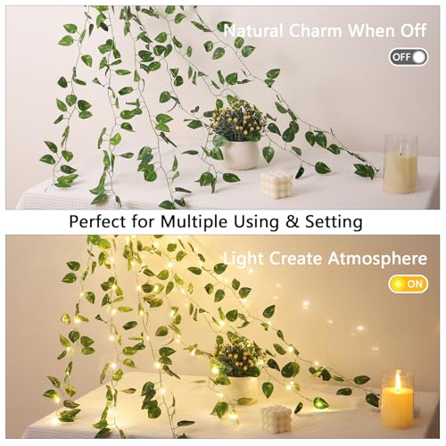 Vines with Lights Battery Operated, 6.56ft 20 LED Pothos with Fairy Lights, Leaf Lights with 8 Modes, Fake Vines Ivy String Lights for Bedroom, Wall, Room, Garden, Party Decor, 8 Pack - color: Pothos, size: 8 PACK x 6.56 FT