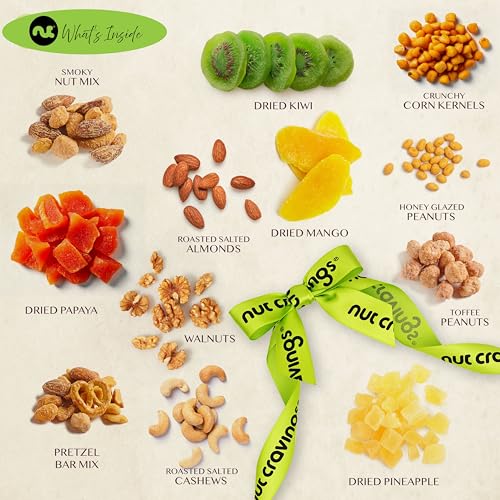 NUT CRAVINGS - Dried Fruit & Mixed Nuts Gift Basket in Reusable Wooden Tray + Ribbon (12 Assortments) Food Arrangement, Healthy Snack Care Package, Kosher - style: 6. Green Ribbon Dried Fruits & Nuts Wooden Tray