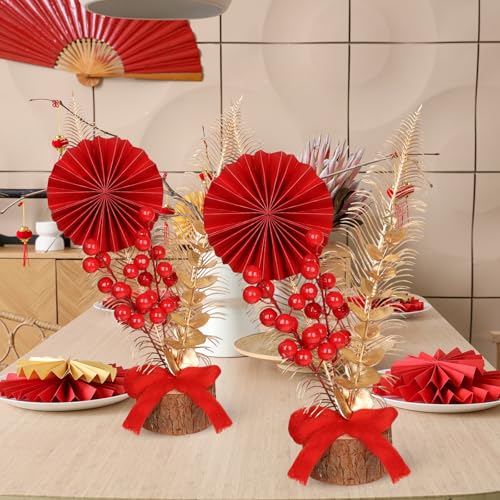 Chinese New Year Bonsai Decoration Artificial Red Berries Gold Leaves Bow Blessing Potted Lucky Tree Crafts Chinese Spring Festival Ornaments for Home Office Table Decor Housewarming Gift - color: Red New Year-5