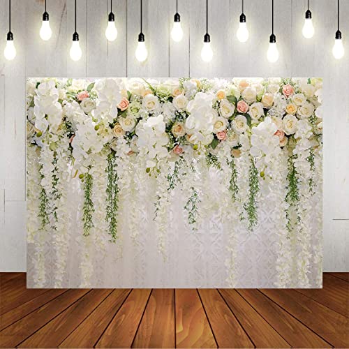 Mocsicka Wedding Flower Backdrop Wall Floral Bridal Shower Backdrops for Photoshoot Wedding Decoration for Reception White Rose Floral Photography Background Banner(10x7ft) - size: 10x7ft