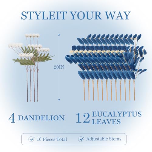 Dallisten Fake Flowers for Vase, 16 pcs Faux Silk Pompom Mum Artificial Flowers with Eucalyptus Stems, Mini Floral Long Stem Arrangements for Home Decor, Wedding, Table Centerpieces DIY Floral Designs - color: Navy Blue+white