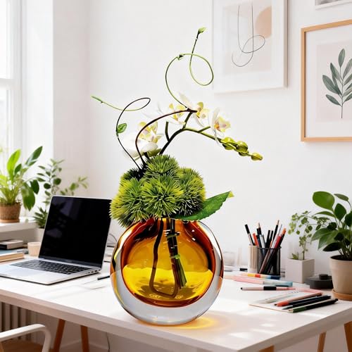 Artificial Orchids, White, in Translucent Bubble Glass Vase, Amber | Look Real, Realistic Appearance, Flower Arrangement - color: Amber