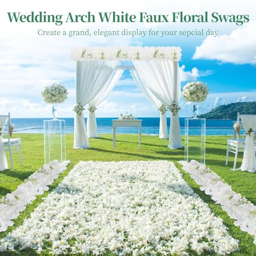 6 Pcs Artificial Flower Panels, Wedding Arch Faux White Hydrangea Swags, White Flowers for Backdrop, Wall Decor, Table Centerpiece Flower Row, Aisle Runner Embellishment