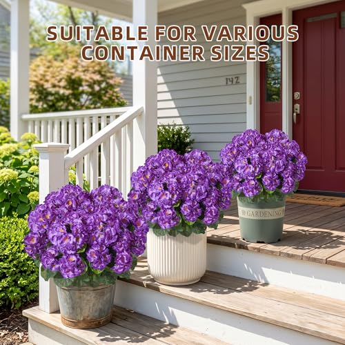 Geraniums Artificial Flowers for Outdoors, 2 Pack Potted Plants Purple Faux Geraniums Bush Artificial Topiaries Realistic UV Resistant Fake Flowers Greenery for Outside Garden Porch Patio Yard Indoor - color: Purple