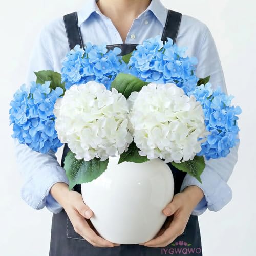 2Pcs White/ 4Pcs Blue 20" Hydrangea Artificial Flowers Silk Large Faux Floral Lifelike for Office Party DIY - color: White/Blue