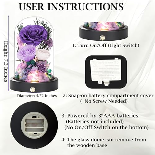 Preserved Flowers in Glass Dome, Purple Forever Roses for Delivery,Eternal Roses Valentines Day Gifts for Wife, Anniversary Birthday Gifts for Women Mom Girlfriend - color: New Purple