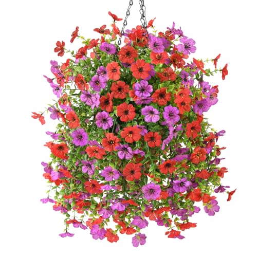 INQCMY Artificial Hanging Flowers with Basket for Spring Outdoor Decoration 3 Bunches of Silk Daisy Flower Uv Resistant for Garden Porch Patio Balcony Yard Decor (Red Purple) - color: Red Purple