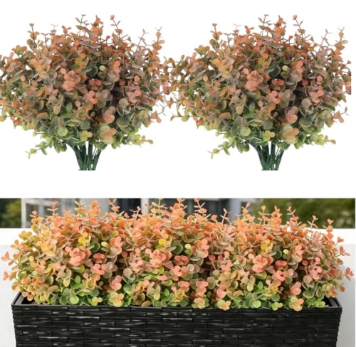 8 Bundles Multi Colored Artificial Eucalyptus Leaves, Plastic Plants, Outdoor Plants, Indoor Decorative Artificial Plants, Porch Window Frames, Green Plant Decorations (8, Grey Orange) - color: Grey Orange