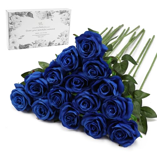 Blue Fake Roses Artificial Flowers - 16 Pcs Fake Artificial Roses Silk Flowers with Stems for Home Wedding Hotel Office Centerpiece Decor - color: Blue, size: 16 Pcs