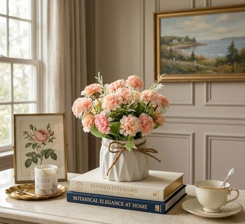 TKAS Fake Flowers Arrangement in Ceramic Vase, Artificial Faux Silk Hydrangea, Small Realistic Dried-Style Floral, Dining Table Centerpiece for Wedding Party Home Decoration (Pink) - color: Pink