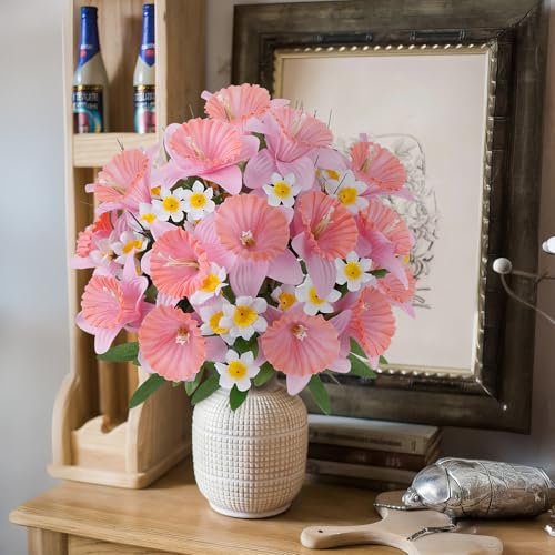 4PCS Flowers for Cemetery, Pink Artificial Daffodils 18" UV Resistant Grave Decorations, Faux Spring Floral Arrangements Memorial Flowers for Gravesite Headstone Vase, Outdoor Grave Site Decor - color: Pink-4pcs