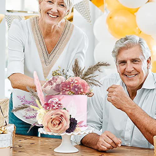 Natural Boho Cake Topper Vintage Artificial Flowers Leaves Various Dried Pampas Grass Cake Decor for Wedding Bridal Birthday Party Supplies (Pink) - color: Pink