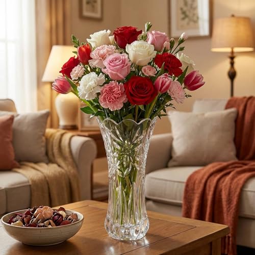 JASVIC 12 Inch Crystal Vases for Flowers, Tall Glass Flower Vase for Bouquet, Elegant Modern Large Vase, Orchid Textured Design Decorative Vase for Living Room Dining Table Centerpiece, Wedding Gift - color: Orchid Design