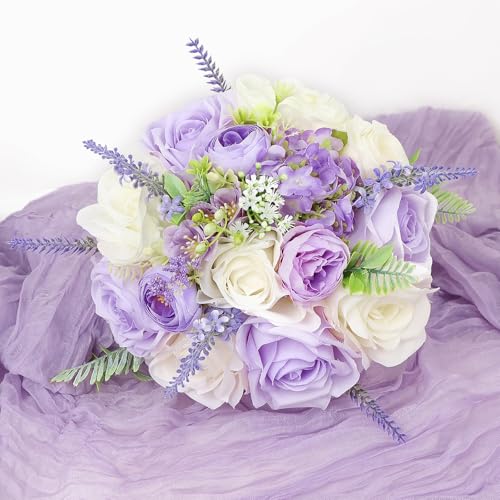 Bride Bouquets for Wedding 8.5 Inch Lilac Artificial Rose Flower Bridal Bouquets for Bride Wedding Bridesmaid Marriage Proposal Party Anniversary Church Decoration - color: Lilac