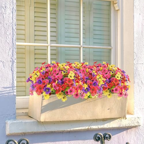 16 Bundles Colorful Artificial Flowers for Outdoors Realistic Fake Silk Flowers Faux Plants for Summer Outside Garden Porch Window Box Planters Home Farmhouse (4 Colors) - color: Rose Red and Yellow and Red and Purple, size: 15inches-16pcs