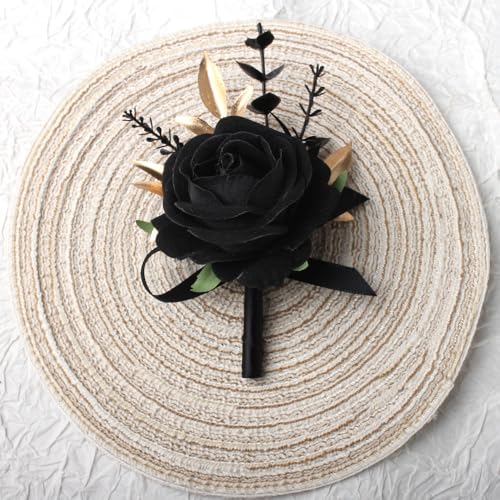 Boutonniere for Men Artificial Flowers 1 Piece Wedding Prom Homecoming Corsage Anniversary Party Decoration (1, Black) - color: Black