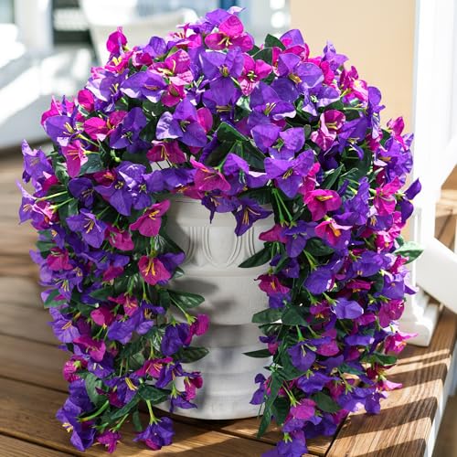 Faux Bougainvillea Artificial Flowers Plants for Outdoors Outside Decor, 2pcs Fake Flowers Silk Long Trailing Vines UV Resistant Realistic Faux Flowers for Front Door Porch Planter Balcony Yard, Mix - color: Dark Purple + Fuchsia