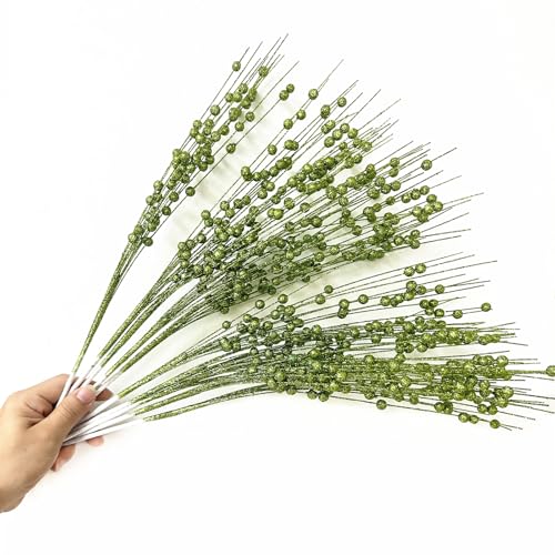 Artificial Glitter Berry Stem Ornaments, Fake Christmas Picks Decorative 17 inches Glitter Bead Sticks for Christmas Tree DIY Wreath Crafts Vase Gift Fireplace Holiday Home Decor - Green 10 Pack - color: Glitter Berries Stems Sticks - Green 10 Pcs