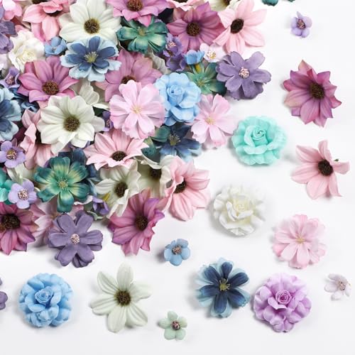 Cindeer 217 Pcs Mini Silk Flower Heads Bulk, Small Fake Flowers for Crafts Artificial 3D Loose Fabric Flower for Crafts DIY Wedding Party Hair Cap Dresses Decorations(Blue Purple Series) - color: Blue Purple Series