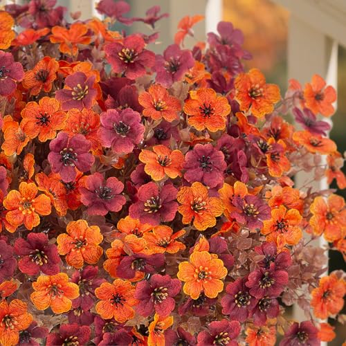 Ammyoo Fall Mums Artificial Flowers for Outdoors Potted, 12 Bundles Fake Fall Daisy Flower with Realistic Eucalyptus Leaves, Fake Plants for Greenery Boxwood Porch Patio Garden Pot Courtyard Lawn - color: Brown Orange-qs
