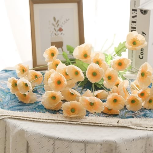 10 Pcs Artificial Poppy Flowers with 40 Heads Lifelike Silk Fake Poppies for Vase Faux Poppies Flowers for Spring Wedding Home Table Centerpiece Baby Shower Veterans Day Decoration (Champagne) - color: Champagne