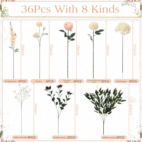 Suncalla 36 Pcs Champagne Artificial Flowers Bouquet Set 8 Kind Faux Delphinium Rose Peony Chrysanthemum Hydrangea Baby's Breath Florals with Greenery Long Stem for Wedding Table Vase Decor - color: Champagne