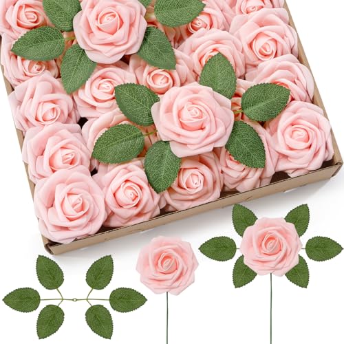 Lifewit Artificial Flowers, 25 Pcs Blush Foam Real Looking Roses with Stems, Fake Roses for DIY Wedding Bouquets, Centerpieces Arrangements, Valentine Decorations - color: Blush
