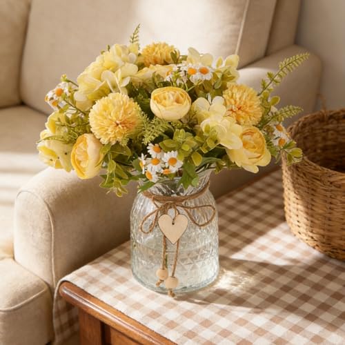 Kimura's Cabin Faux Flowers with Vase,Artificial Silk Peony in Vases Fake Flower Hydrangeas Arrangement for Dining Table Home Office Farmhouse Bathroom Centerpiece Wedding Decorations（Yellow） - color: Yellow