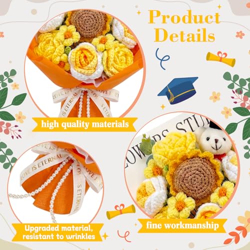 Giegxin Large Graduation Bear Flower Bouquet Set Crochet Graduation Bouquet Gift 2026 Handmade Sunflower Rose Greeting Card Gift Bag for Birthday Teacher Appreciation Grad Party Favor Supplies(Orange)