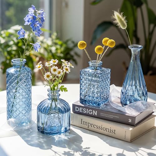 12 Pcs Blue Bud Vases Set, Armber Small Vintage Glass Clear Bud Flower Vases Bulk Multiple Shape Cute Mini Glass Bottles Vases for Rustic Wedding Centerpieces Table Decorations and Home Decor - color: Blue