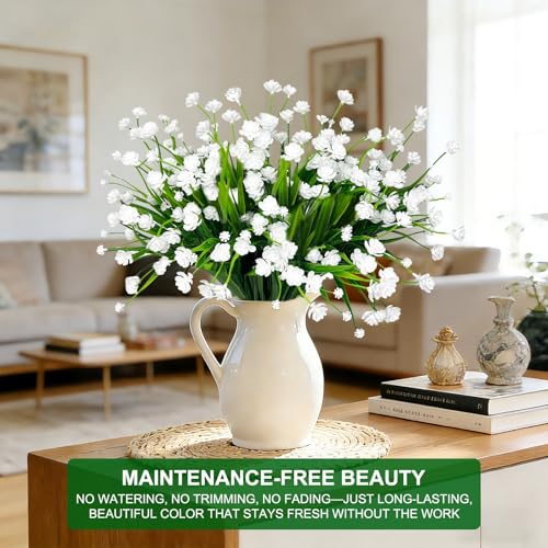 12 Bundles Artificial Flowers for Outdoors Summer Decor, Realistic UV Resistant Fake Plants Faux Plastic Flowers for Outside Planter Home Gardens Patio Porch Yards Spring Cemetery Decor(White) - color: White, size: 12 Bundles