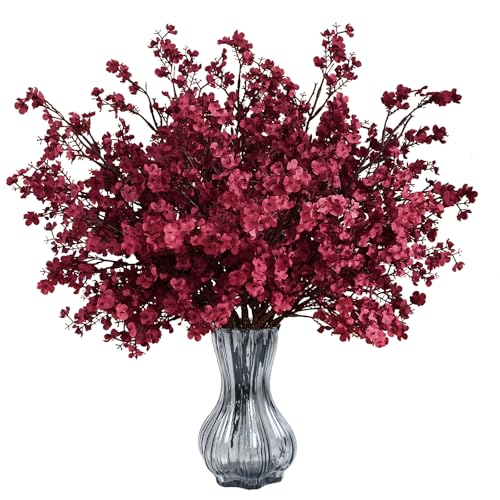 Waipfaru 6Pcs Fake Flowers Babys Breath Silk Artificial Flowers Gypsophila Bouquets Bulk Real Touch Fall Stems for Fall Thanksgiving Decor Autumn DIY Floral Arrangement Table Centerpieces, Wine Red - color: Burgundy, size: 6pcs