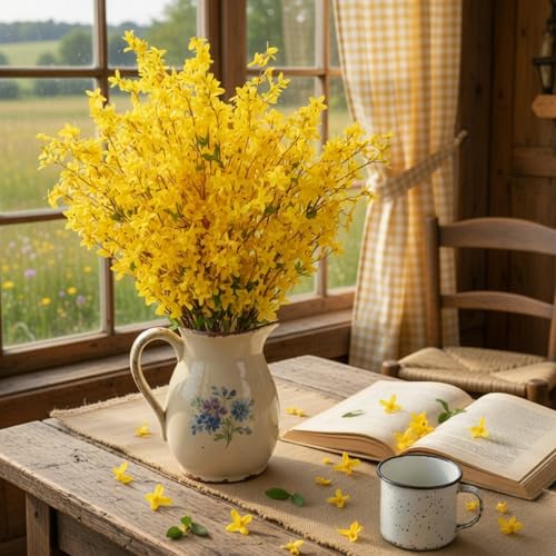 XunYee Fake Forsythia Long Stems Artificial Forsythia Branches Yellow Flower Branches Artificial Orchids Flower Branch Faux Flowers Stem for Home Wedding Indoor Outdoor Decor(25.5inch,12 Pcs) - size: 25.5inch