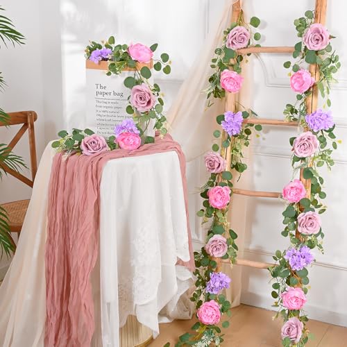 Livole 6 FT Artificial Flower Garland Real Touch Fake Pink Floral Rose Peony Garland with Eucalyptus Flower Hanging Vine for Wedding Table Centerpieces Backdrop Party Arch Home Decorations - color: Pink, size: 1 Pc
