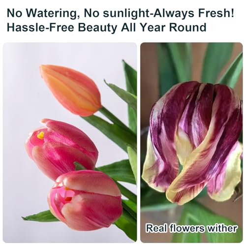 Bailikang 20PCS Fake Tulips Artificial Tulip Silk Flowers Fake PU Bouquet Artificial Flowers Faux Flowers with Gift Box Soft Faux Tulips Bouquets Arrangements for Party Wedding Home - color: White+light Red