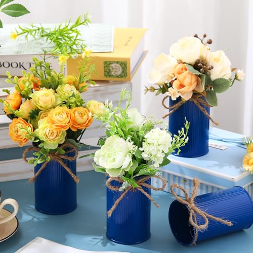 Rustic Vase for Table Centerpieces 4.33 Inch Small Petite Flower Vase with Twine Bow Vintage Farmhouse Decor for Wedding Reception Dining, Home Galvanized Metal Buckets(Dark Blue,12 Pcs) - color: Dark Blue