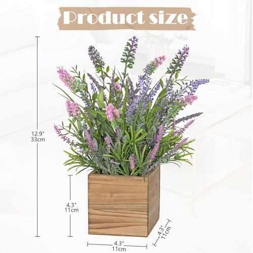 DILATATA Rustic Lavender Flowers Artificial Lavender Decor Fake Lavender Plant in Wooden Pot Faux Plants for Home Bathroom Table Centerpieces Wedding Decor Potted Lavender Flower Purple Decor - size: 13" W.P