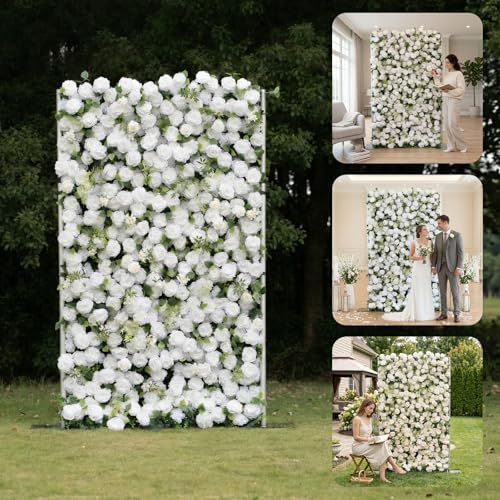 rosemorning 4x8FT White Artificial Flower Wall Backdrop,5D Silk Flower Wall Panel for Wedding Party Birthday Baby Shower Photo Booth Decor Easy to Install Reusable - color: Eira-White, size: 4Ft*8Ft