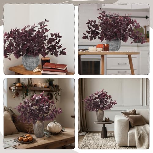 Giegxin 8 Pcs Artificial Burgundy Eucalyptus Stems, 32.7 Inch Christmas Faux Eucalyptus Stems Fake Burgundy Branches Spray Silk Leaves Plants for Vase Home Farmhouse Table Decor