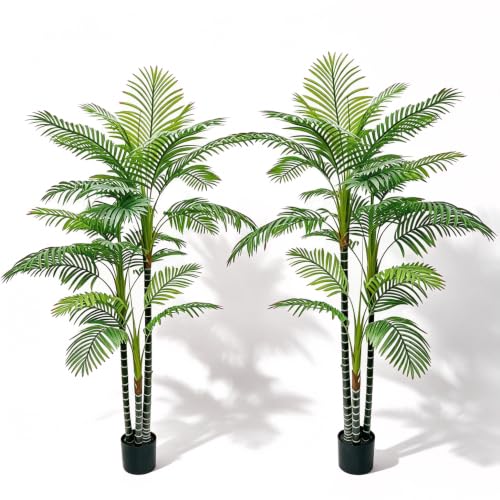 2Pack-7FT Artificial Palm Tree Outdoor, UV Resistant Tall Fake Areca Palm Plants in Black Pots, Tropical Triple Silk Large Faux Tree Indoor House Office Living Room Outside Patio Decor - color: 7ft*2-b
