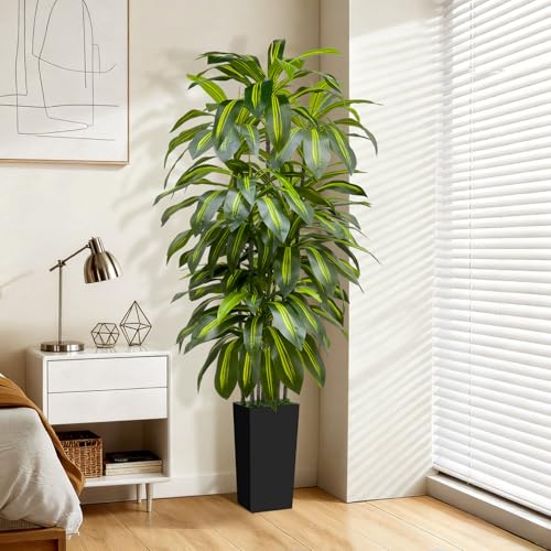 6FT Artificial Dracaena Tree Indoor Fake Tree Tall Plant with Black Planter Faux Plants Indoor Living Room Artificial Plants Indoor Decor Large Fake Plant - color: Black, size: 6ft