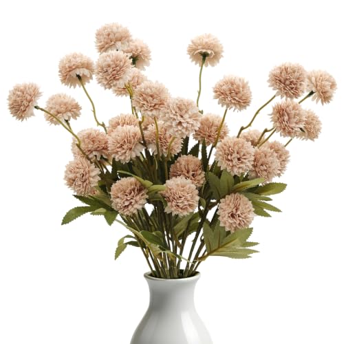 8pcs Beige Fake Flowers Silk Pompon Mum Artificial Flowers,Mini Artificial Chrysanthemums with Stems,Faux Flowers For Vase,for Wedding Centerpieces, flower arrangements, vase fillers, and home decor - color: Beige
