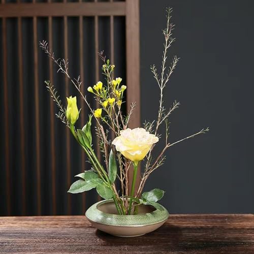 Ikebana Vase Kit Ceramic Flower Frog Vase with Stainless Kenzan Japanese Ikebana Flower Arrangement Pot for Floral Displays Moss & Hydroponic Plants Zen Decor Gift (Green Small Size) - color: Green Small Size