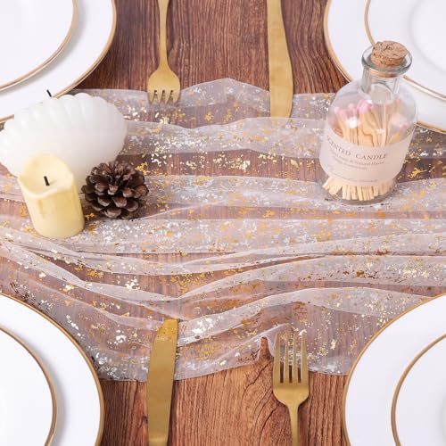 10FT Gold Gauze Table Runner Sheer Glitter Metallic Foil Tulle Table Runner 120 Inch Sequin Bridal Wedding Dining Centerpiece for Birthday Christmas Anniversary Home Decor for Party - color: Gold, size: 10 ft × 1 pc