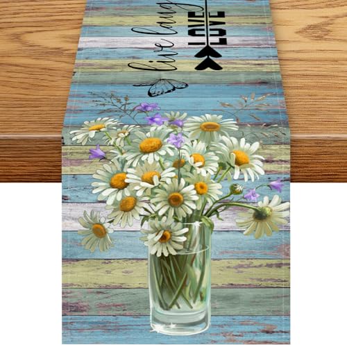 White Daisy Table Runner, Rustic Spring Sunflowers Floral Flower Vase Wooden Boards Boho Butterfly Farmhouse Coffee Table Center Decor for Family Kitchen Holiday Party Table Decorations, 13"x36" - color: Daisy-12, size: 13“ X 36"