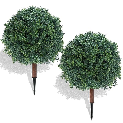 27.5" Artificial Boxwood Topiary Ball Tree with Ground Spike, Set of 2 Artificial Cedar Bushes, UV Resistant Faux Boxwoods Outdoor Plants Artificial for Porch Garden Front Porch Decor - size: Artificial Boxwood Topiary Ball Tree